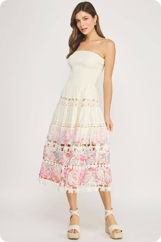 Eyelet Lace Tube Dress - Floral