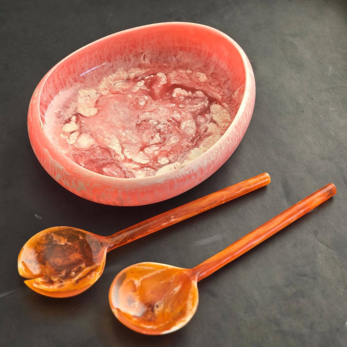 Pink Resin Serving Bowl with Orange Servers