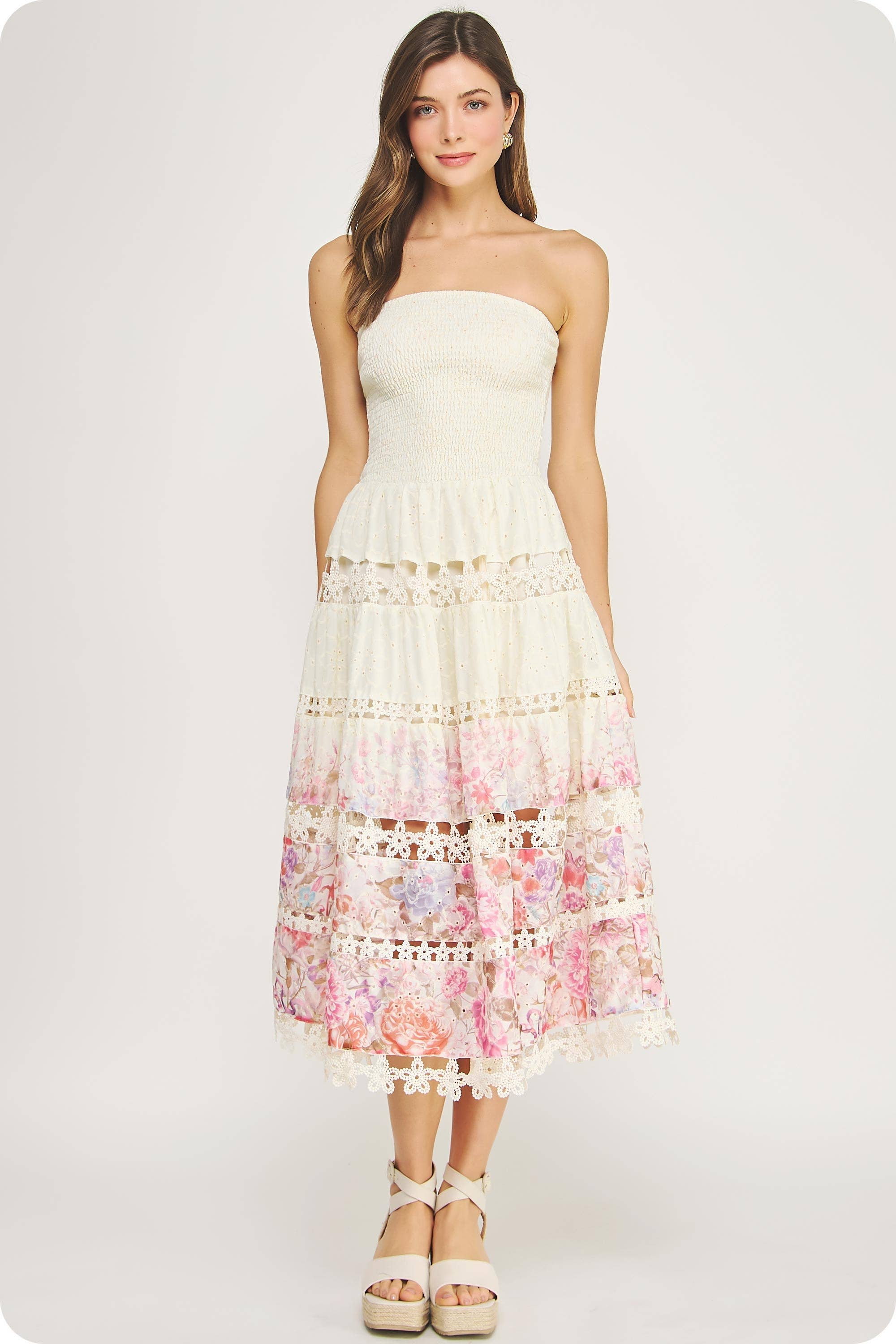 Eyelet Lace Tube Dress - Floral