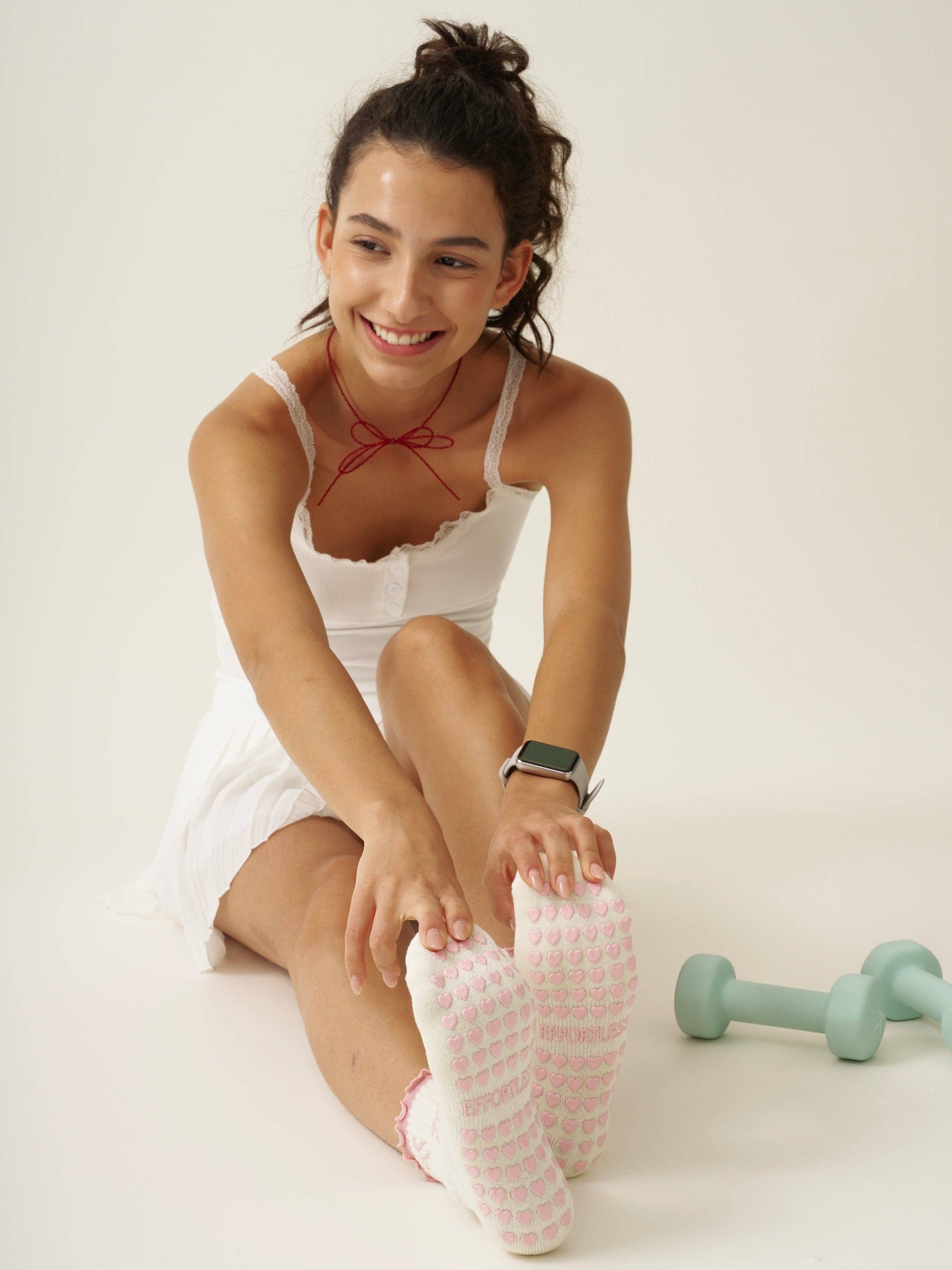 Bow Ruffle Pilates Grip Sock - Soft Pink
