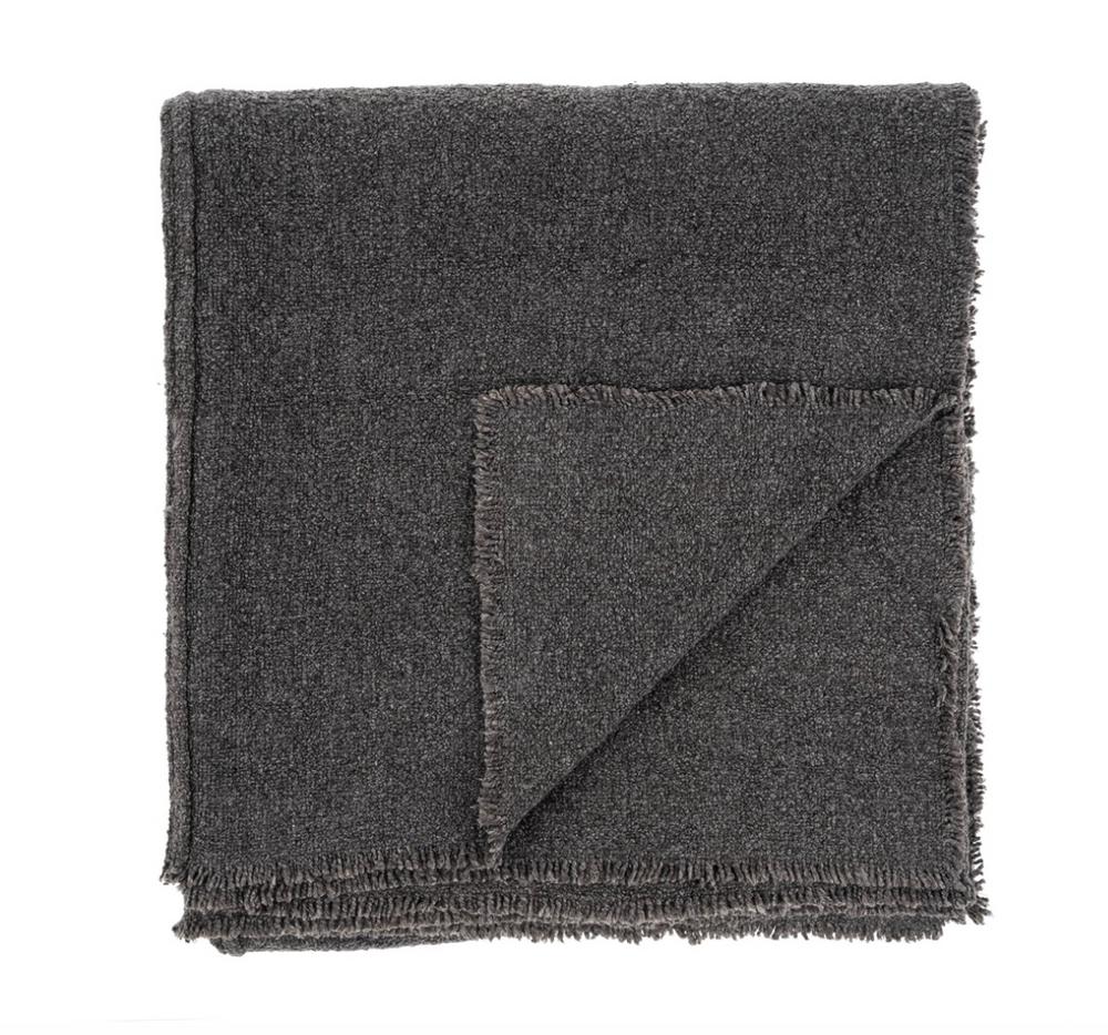 Fringed Boucle Bed Blanket - Charcoal