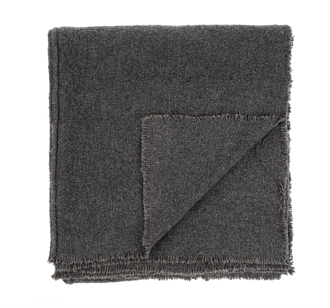 Fringed Boucle Bed Blanket - Charcoal