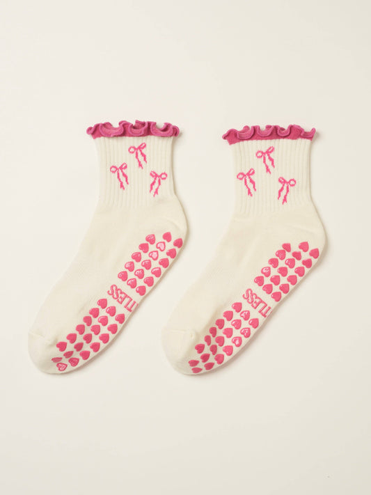 Bow Ruffle Pilates Grip Sock - Hot Pink