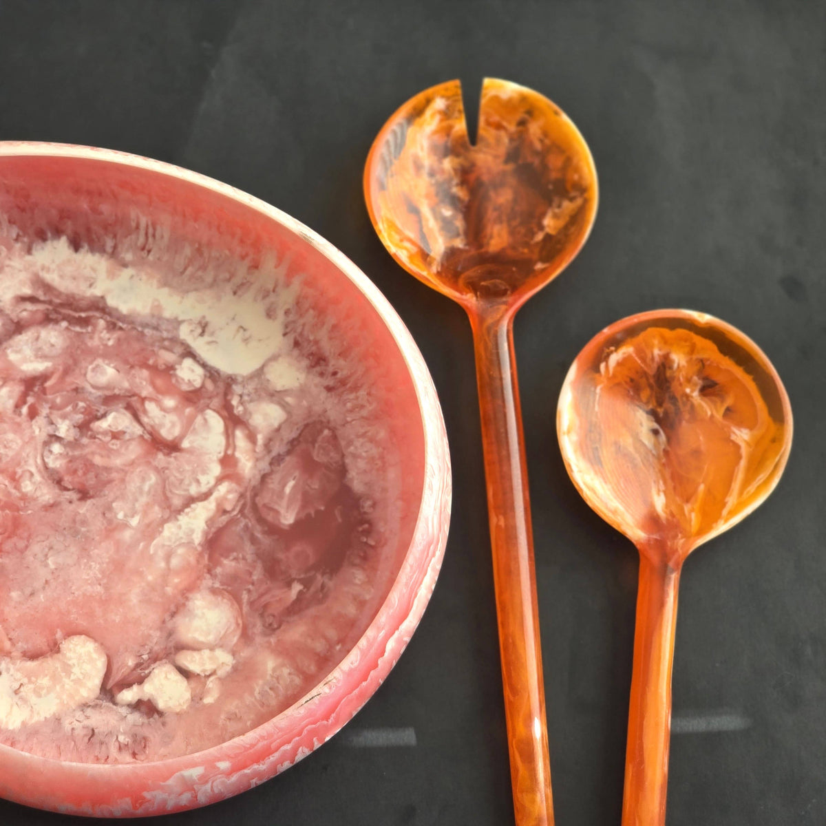 Pink Resin Serving Bowl with Orange Servers