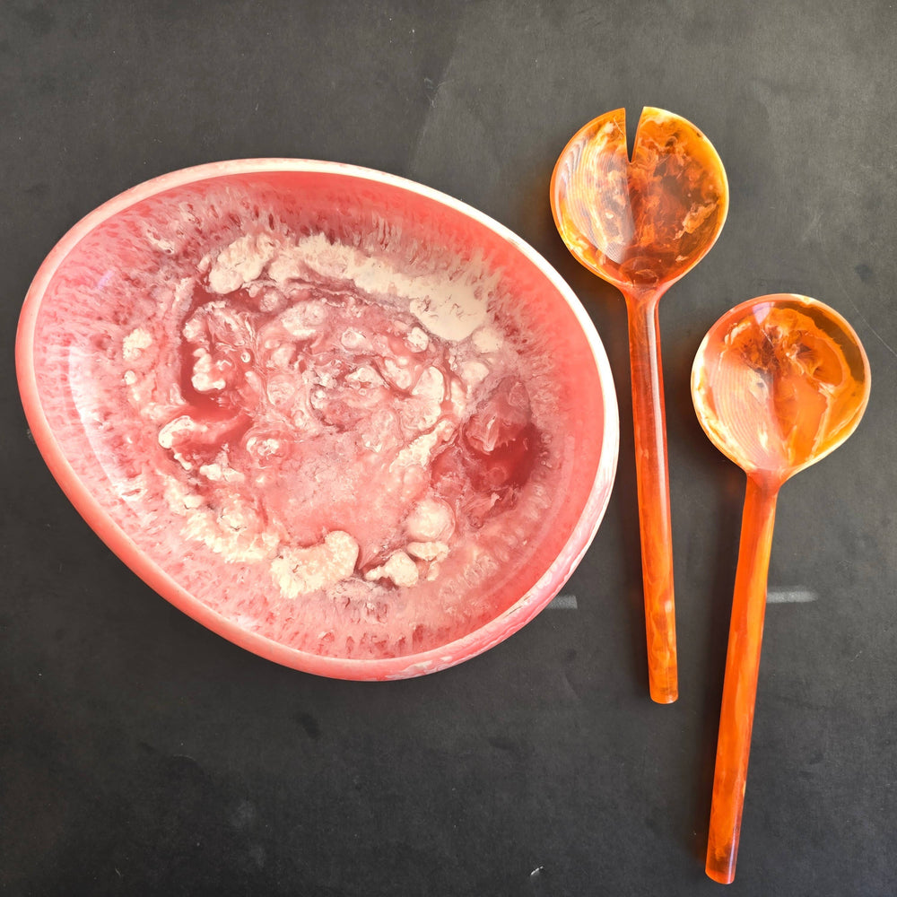 Pink Resin Serving Bowl with Orange Servers