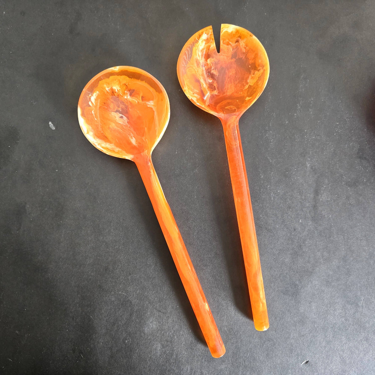 Pink Resin Serving Bowl with Orange Servers