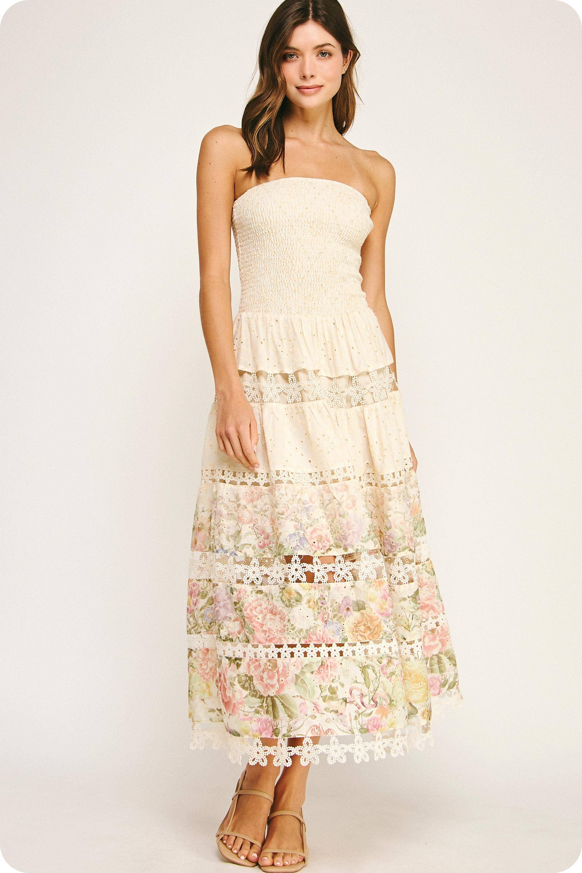 Cream Eyelet Lace Tube Dress In Floral Print