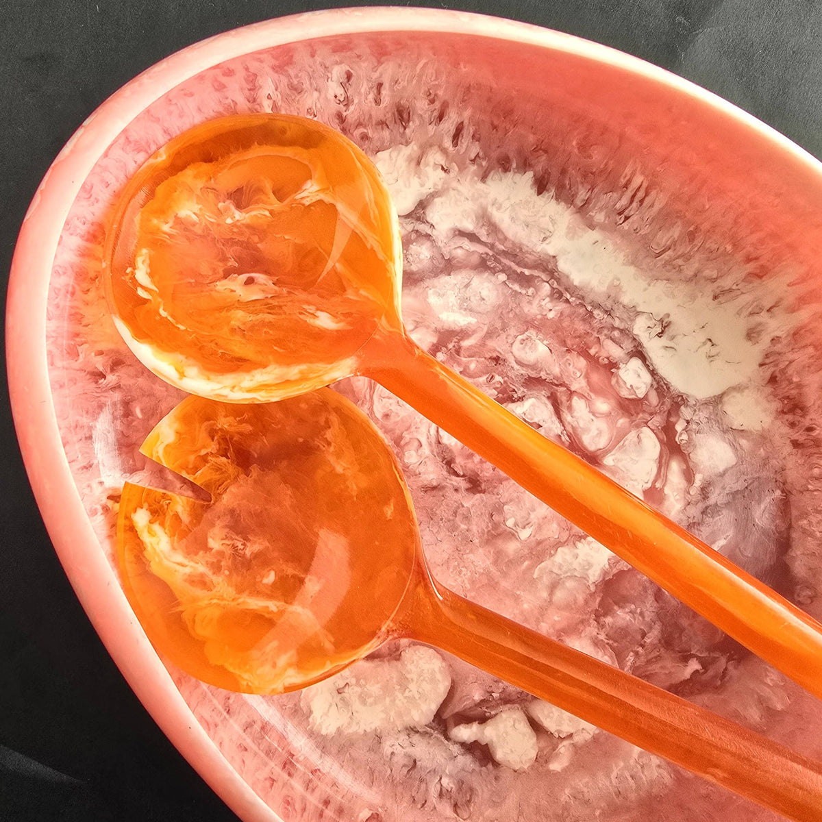 Pink Resin Serving Bowl with Orange Servers