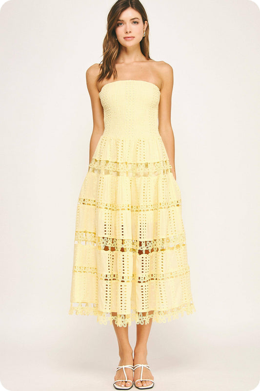 Eyelet Lace Tube Dress: Butter Yellow