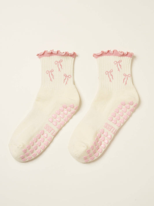 Bow Ruffle Pilates Grip Sock - Soft Pink