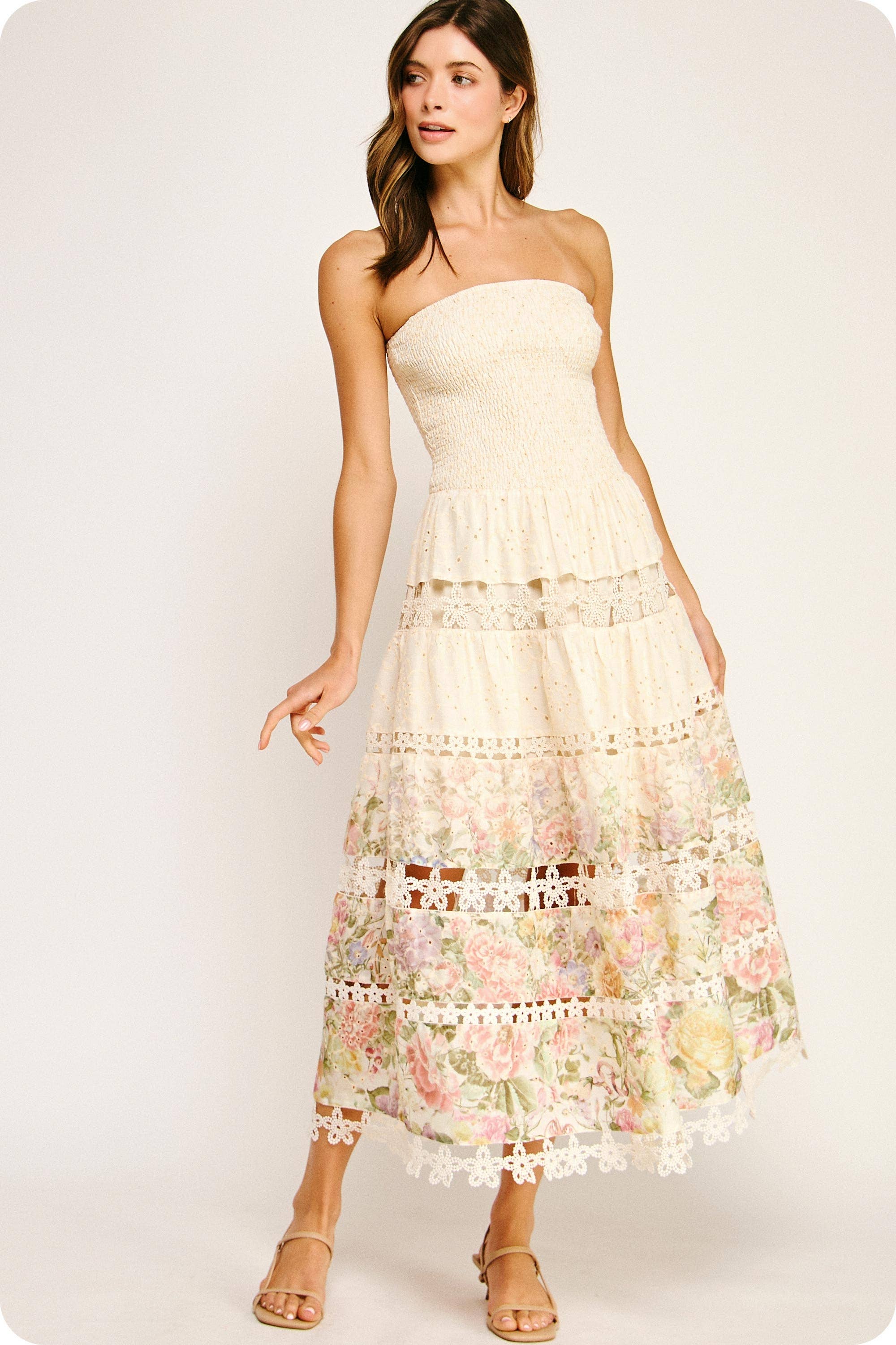 Cream Eyelet Lace Tube Dress In Floral Print