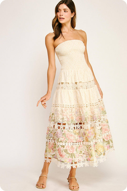 Cream Eyelet Lace Tube Dress In Floral Print