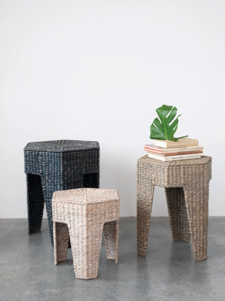 Hand-Woven Water Hyacinth and Rattan Stool and Nesting Table